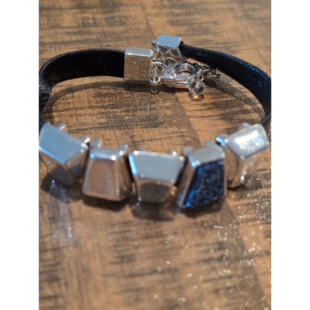 Robert Lee MillerBlack Leather Silver Tone Geometric‎ Slider Bracelet